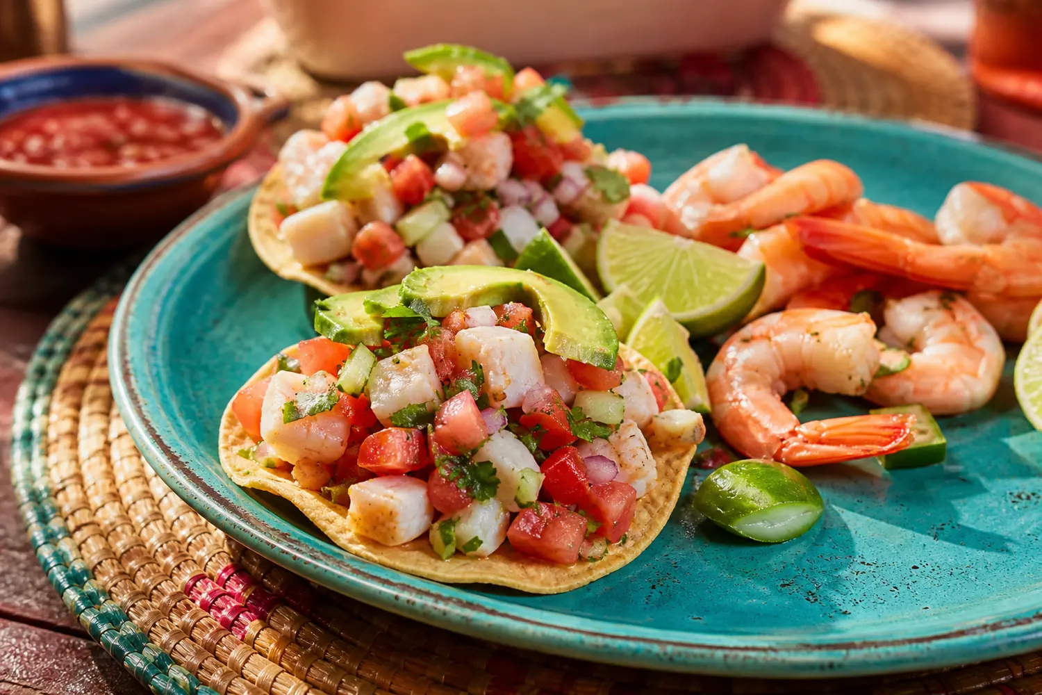 Ceviche tostadas with shrimp, lime, avocado, and salsa