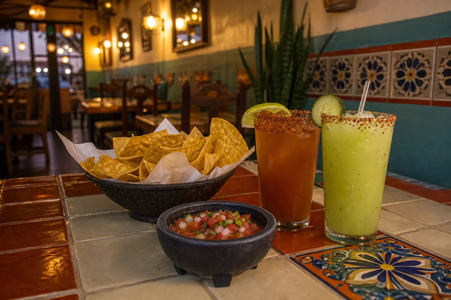 Chips, salsa, and drinks in a warm Mexican restaurant interior