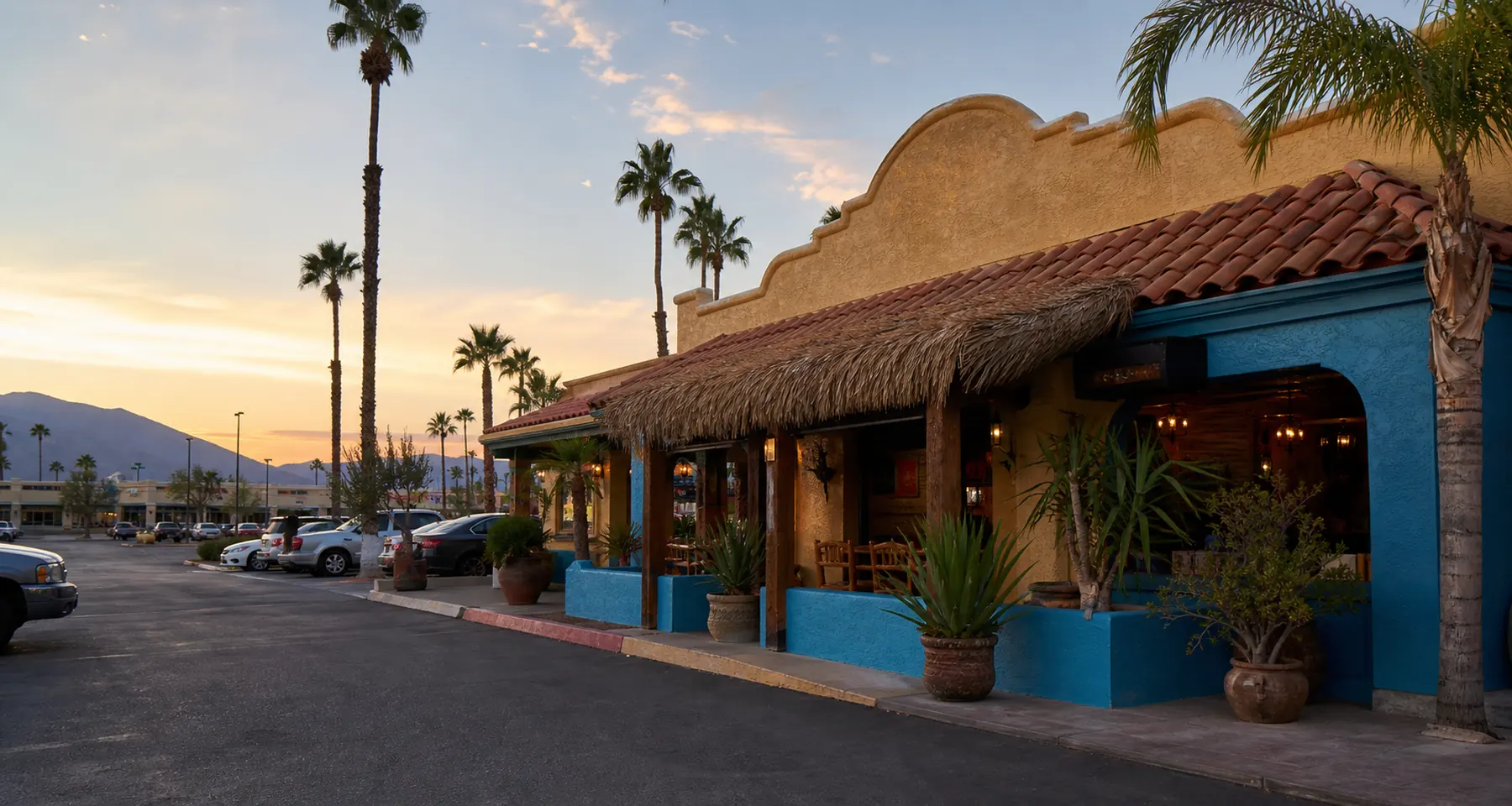 Mexican seafood restaurant exterior in Cathedral City at sunset