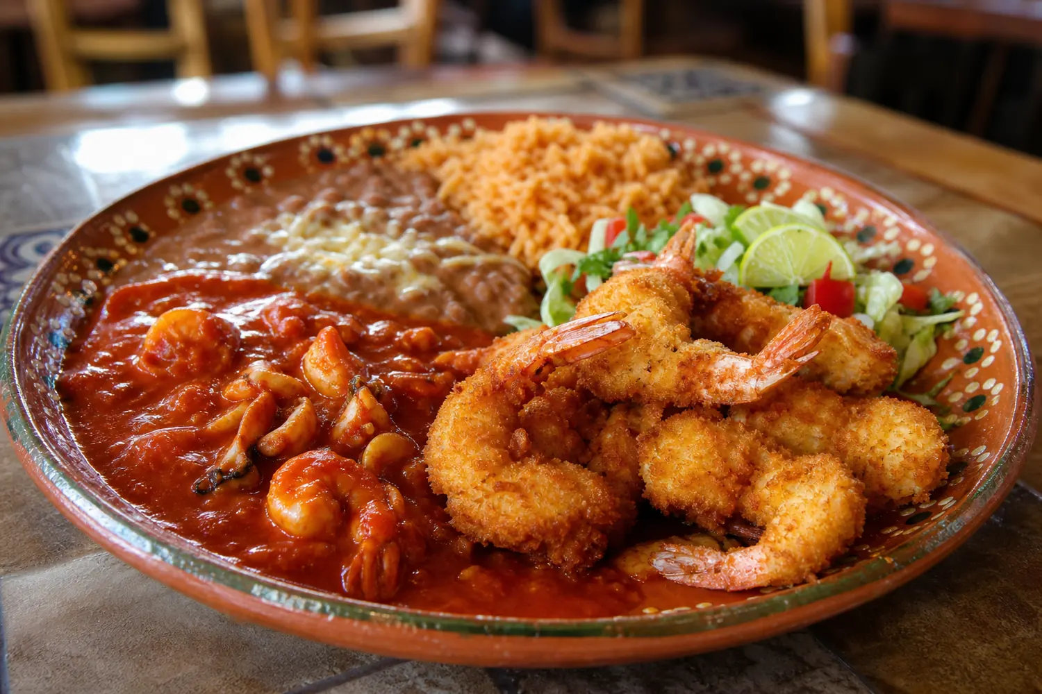 Breaded shrimp and spicy seafood sauce with rice and beans